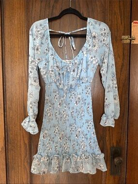 Light Blue Floral Long-Sleeve Smocked Mini Dress